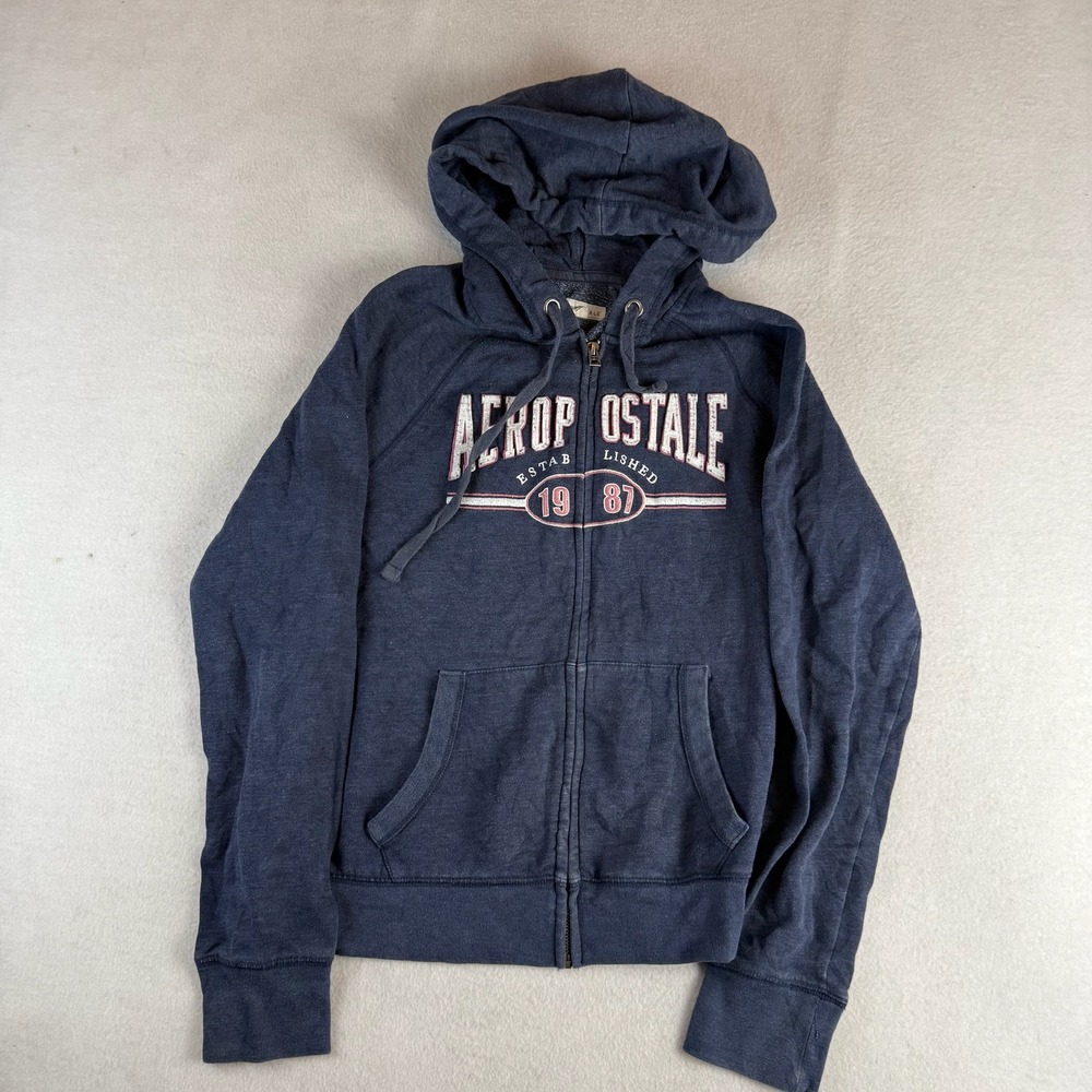 Aeropostale Womens Navy Blue Full Zip Graphic Hoodie Logo Sweatshirt Size L